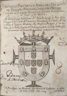 Portada libro : Discursos políticos y avisos del Parnasso de Trajano Bocalini.