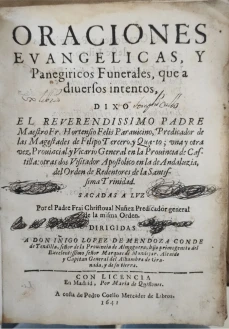 Portada libro : Oraciones Evangelicas y panegiricos funerales