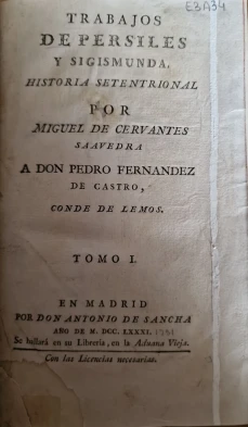 Portada libro : Trabajos de Persiles y Sigismunda / compuestos por Miguel de Cervantes Saavedra