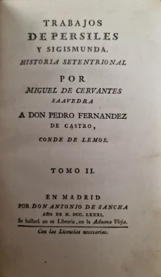 Portada libro : Trabajos de Persiles y Sigismunda / compuestos por Miguel de Cervantes Saavedra