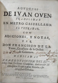 Portada libro : Agvdezas de Juan Oven tradvcidas en metro castellano. Ilustradas con adiciones, y notas, por Don Fra....
