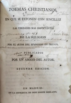 Portada libro : Poemas cristianos, en que se exponen con sencillez las verdades mas importantes de la religión por e...