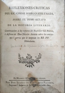 Portada libro : Reflexiones críticas del Lic. Cosme Berruguete i Maza sobre el tomo octavo de la Historia literaria....