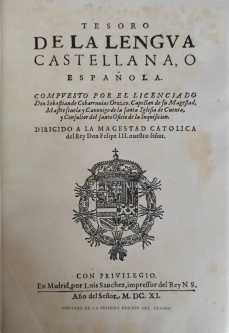 Portada libro : Tesoro de la lengua castellana, o española / compuesto por ... Sebastian de Cobarrubias Orozco ...