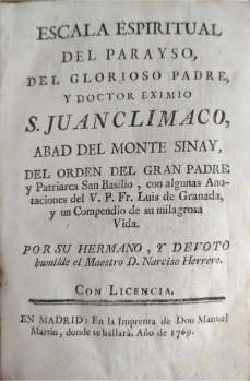 Portada libro : Escala espiritual del Parayso, del glorioso Padre S. Juan Clímaco, Abad del Monte Sinay. Con algunas...