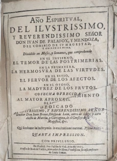 Portada libro : Año espiritual del ilustrísimo y reverendisimo señor Don Juan de Palafox y Mendoza