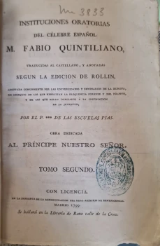 Portada libro : Instituciones oratorias del celebre español M. Fabio Quintiliano. Traducidas al castellano, y anotad...
