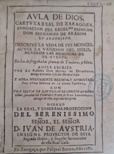 Portada libro : Aula de Dios, Cartuxa Real de Zaragoza. Fundacion del príncipe Fernando de Aragon su Arzobispo. Desc...