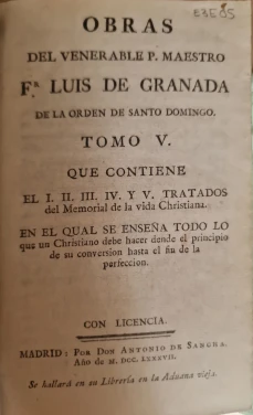 Portada libro : Obras del venerable P. Maestro Fr. Luis de Granada de la Orden de Santo Domingo. Tomo Quinto