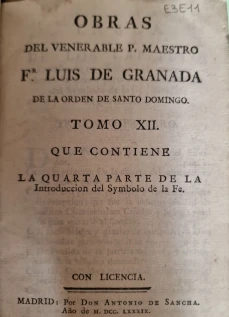 Portada libro : Obras del venerable P. Maestro Fr. Luis de Granada de la Orden de Santo Domingo. Tomo Doceavo