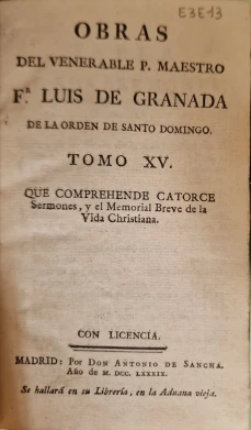 Portada libro : Obras del venerable P. Maestro Fr. Luis de Granada de la Orden de Santo Domingo. Tomo Quinceavo
