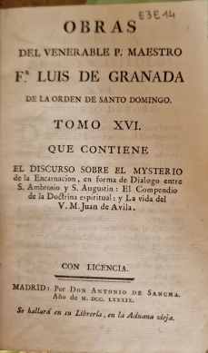 Portada libro : Obras del venerable P. Maestro Fr. Luis de Granada de la Orden de Santo Domingo. Tomo Dieciseisavo