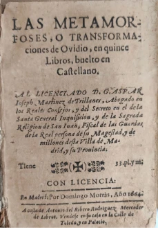 Portada libro : Las Metamorfoses, o transformaciones de Ovidio : en quinze libros, traducidos de latin en castellano