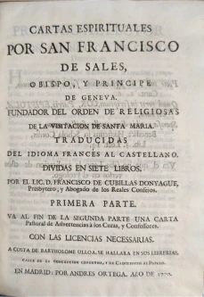 Portada libro : Cartas Espirituales De San Franciscode Sales... fundador del Orden de Religiosas de la Visitación de...