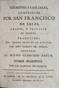 Portada libro : Sermones familiares / compuestos por San Francisco de Sales ... ; traducidos del idioma frances al e....