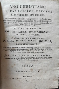 Portada libro : Año Cristiano, ó exercicios devotos para todos los dias del año. Escrito en francés por el padre ...