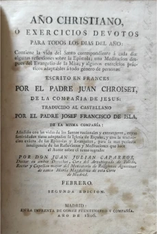 Portada libro : Año Cristiano, ó exercicios devotos para todos los dias del año. Escrito en francés por el padre ...