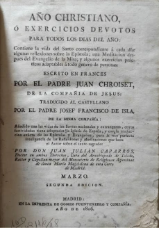 Portada libro : Año Cristiano, ó exercicios devotos para todos los dias del año. Escrito en francés por el padre ...