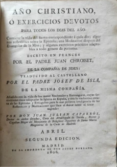 Portada libro : Año Cristiano, ó exercicios devotos para todos los dias del año. Escrito en francés por el padre ...