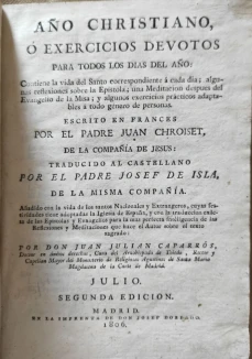 Portada libro : Año Cristiano, ó exercicios devotos para todos los dias del año. Escrito en francés por el padre ...