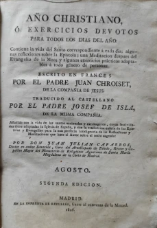 Portada libro : Año Cristiano, ó exercicios devotos para todos los dias del año. Escrito en francés por el padre ...