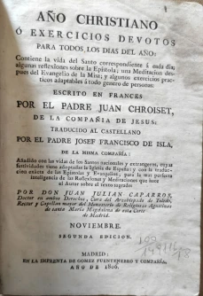 Portada libro : Año Cristiano, ó exercicios devotos para todos los dias del año. Escrito en francés por el padre ...