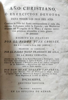 Portada libro : Año Cristiano, ó exercicios devotos para todos los dias del año. Escrito en francés por el padre ...