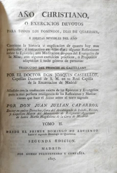 Portada libro : Año Christiano ó Exercicios devotos para todosLos Domingos, díasde Quaresma, y Fiestas movibles de...