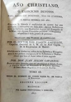 Portada libro : Año Christiano ó Exercicios devotos para todosLos Domingos, díasde Quaresma, y Fiestas movibles de...