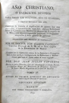 Portada libro : Año Christiano ó Exercicios devotos para todosLos Domingos, díasde Quaresma, y Fiestas movibles de...