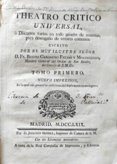 Portada libro : Theatro critico universal, ó Discursos varios de todo género de materias, para desengaño de errore...