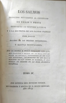Portada libro : Los Salmos. Traducidos nuevamente al castellano en verso y prosa conforme al sentido literal y á la ...