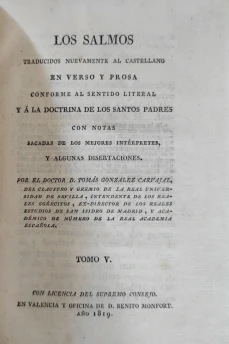 Portada libro : Los Salmos. Traducidos nuevamente al castellano en verso y prosa conforme al sentido literal y á la ...