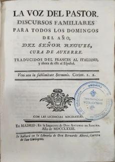 Portada libro : La voz del pastor. Discursos familiares para todos los domingos del año, del señor Réguis, cura de...