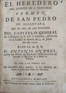 Portada libro : El Heredero del espiritu de S. Francisco sermon de San Pedro de Alcantara, que en una de las funcion....