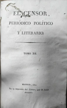Portada libro : El Censor, periódico político y literario. Tomo XII.