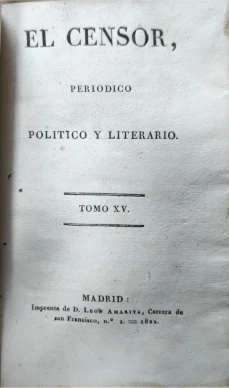Portada libro : El Censor, periódico político y literario. Tomo XV.