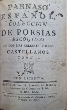 Portada libro : Parnaso español : colección de poesías escogidas de los más célebres poetas castellanos. Tomo II