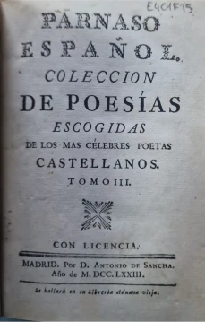 Portada libro : Parnaso español : colección de poesías escogidas de los más célebres poetas castellanos. Tomo II...
