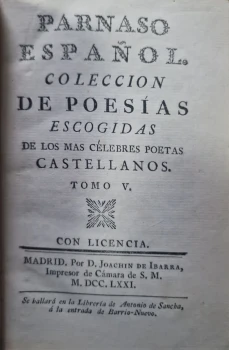 Portada libro : Parnaso español : colección de poesías escogidas de los más célebres poetas castellanos. Tomo V