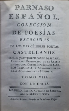 Portada libro : Parnaso español : colección de poesías escogidas de los más célebres poetas castellanos. Tomo VI...