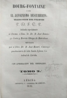 Portada libro : Bourg-Fontaine ó sea El jansenismo descubierto. Traducción del francés, P. D. F. C. P. Revisada po...