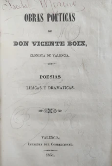 Portada libro : Obras poéticas de Don Vicente Boix, cronista de Valencia. Poesías líricas y dramáticas.