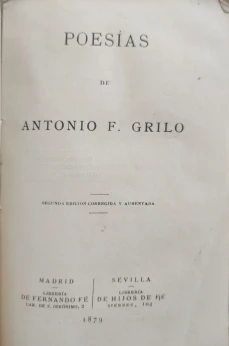 Portada libro : Poesías de Antonio F. Grillo. Segunda edición corregida y aumentada.