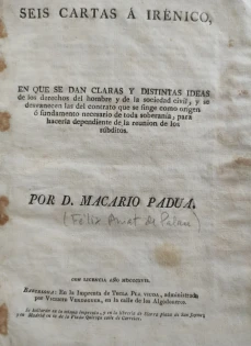 Portada libro : Seis cartas á Irénico, en que se dan claras y distintas ideas de los derechos del hombre y de la so...