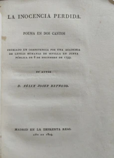 Portada libro : La inocencia perdida. Poema en dos cantos premiado en competencia por una Academia de Letras humanas....
