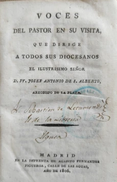Portada libro : Voces del pastor en su visita, que dirige a todos sus diocesanos. Fr. Josef Antonio de S. Alberto, A....