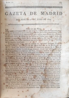 Portada libro : Gazeta de Madrid del martes 1 de julio de 1800. Núm. 52
