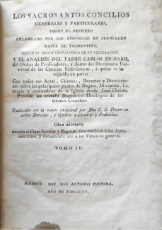 Portada libro : Los Sacrosantos Conciliosgenerales y particulares, desde el primero celebrado por los Apóstoles en J...