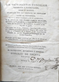Portada libro : Los Sacrosantos Conciliosgenerales y particulares, desde el primero celebrado por los Apóstoles en J...